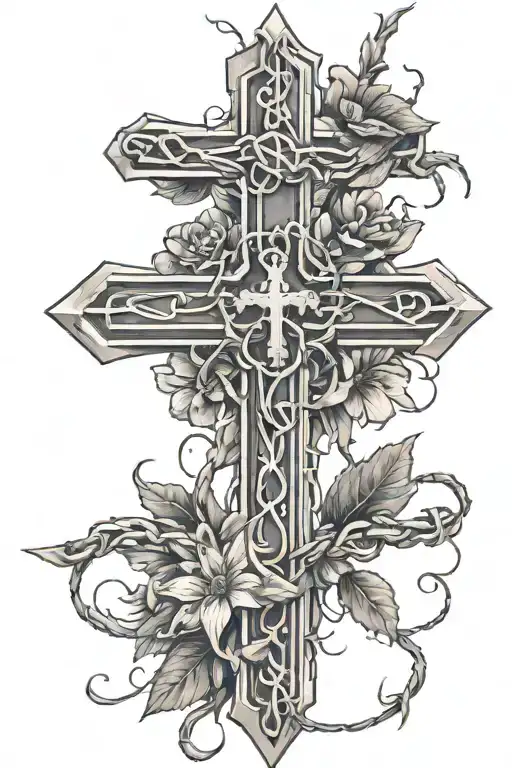 cross wrapped in barbed wire with roman 5:3-5 written inside and sampguita flowers growing around it tattoo design idea