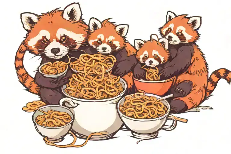 red panda mother with 4 baby red pandas eating ramen noodles  tattoo design idea