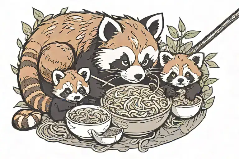 red panda mother with 4 baby red pandas eating ramen noodles  tattoo design idea