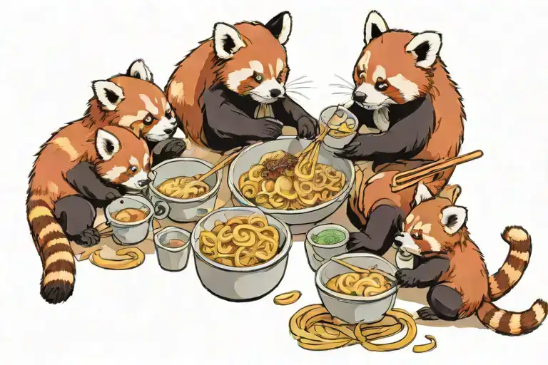 red panda mother with 4 baby red pandas eating ramen noodles  tattoo design idea