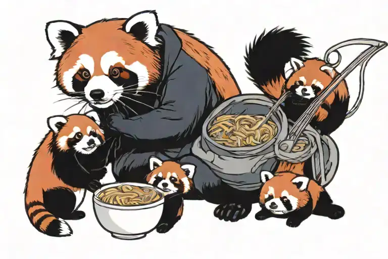 red panda mother with 4 baby red pandas eating ramen noodles  tattoo design idea