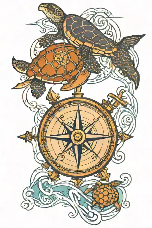 compass and sextant and waves and sea turtle with an old map background tattoo design idea