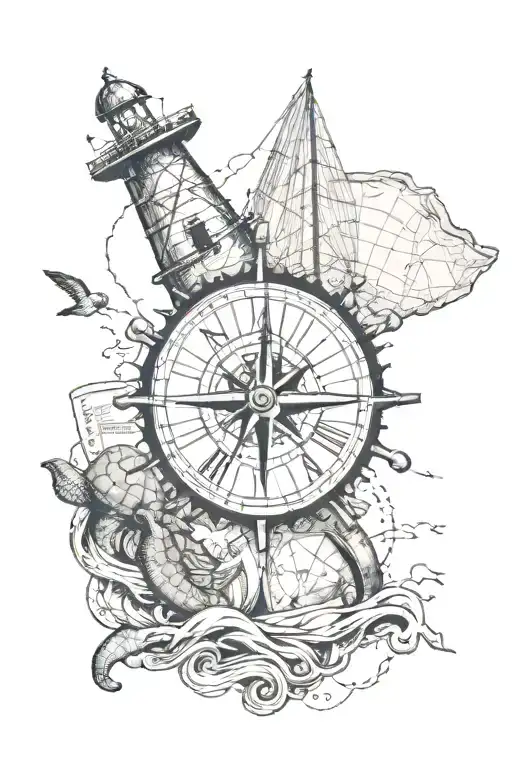 A forearm half sleeve tattoo inspired by sailing and the ocean with a sextant, sea turtle, compass, waves and an old map tattoo design idea