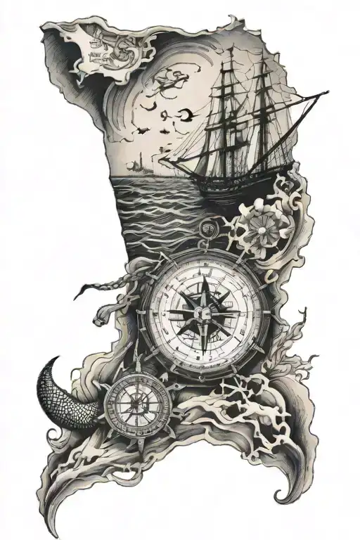 A forearm half sleeve tattoo inspired by sailing and the ocean with a sextant, sea turtle,compass, waves and an old map  tattoo design idea