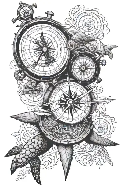 compass and sextant and waves and sea turtle with an old map background tattoo design idea