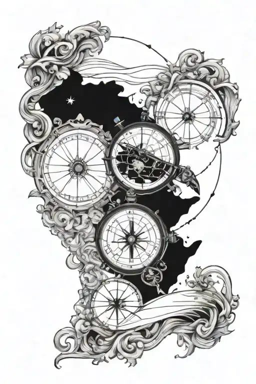 A forearm half sleeve tattoo inspired by navigating the ocean with a sextant, sea turtle,compass, waves and a map  tattoo design idea