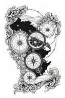 A forearm half sleeve tattoo inspired by navigating the ocean with a sextant, sea turtle,compass, waves and a map  tattoo design idea