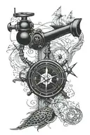 A forearm half sleeve tattoo inspired by navigating the ocean with a sextant, sea turtle,compass, waves and a map  tattoo design idea