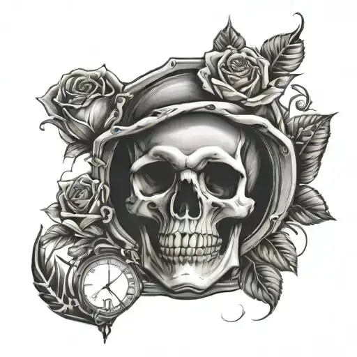 skull hand and rose in hour glass  tattoo design idea