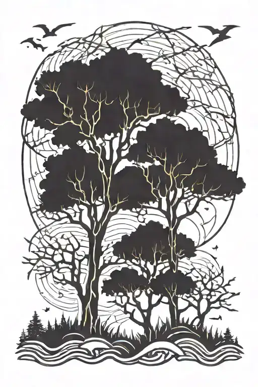trees and lightning bolts tattoo design idea