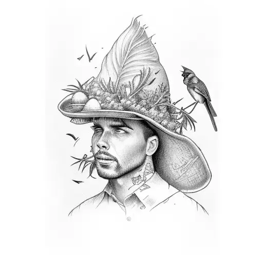 rosemary herb with cardinal flying and bubba gump hat tattoo design idea