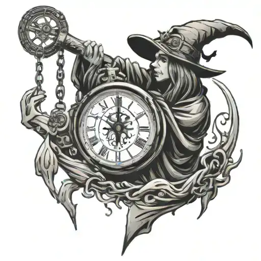 tattoo drawing with on top a shadow hand made of ink holding a pocket watch with a chain leaking blood on a scythe witch tattoo design idea