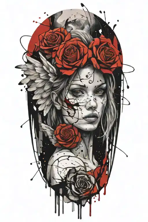 angel, rose, name MARTINA tattoo design idea