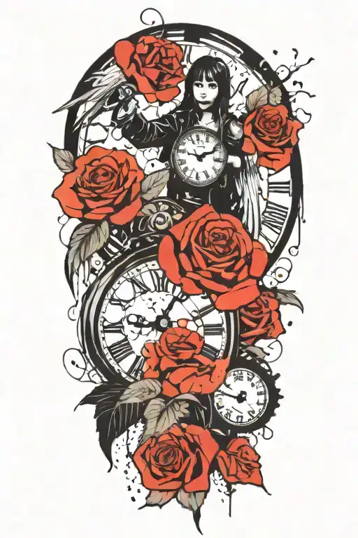 angel, roses, clock, name MARTINA tattoo design idea