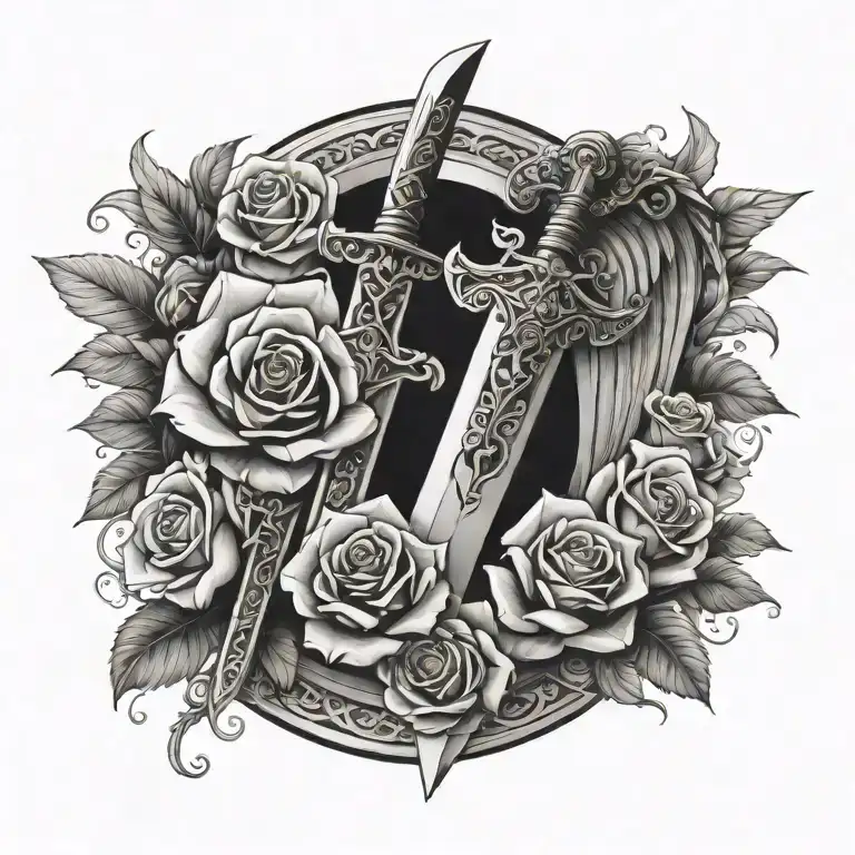 big sword, small roses, angel wings tattoo design idea