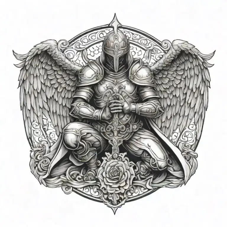 kneeling angel knight, rose tattoo design idea