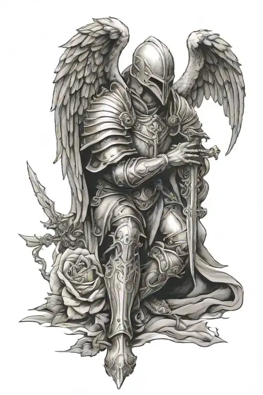 kneeling angel knight, rose tattoo design idea