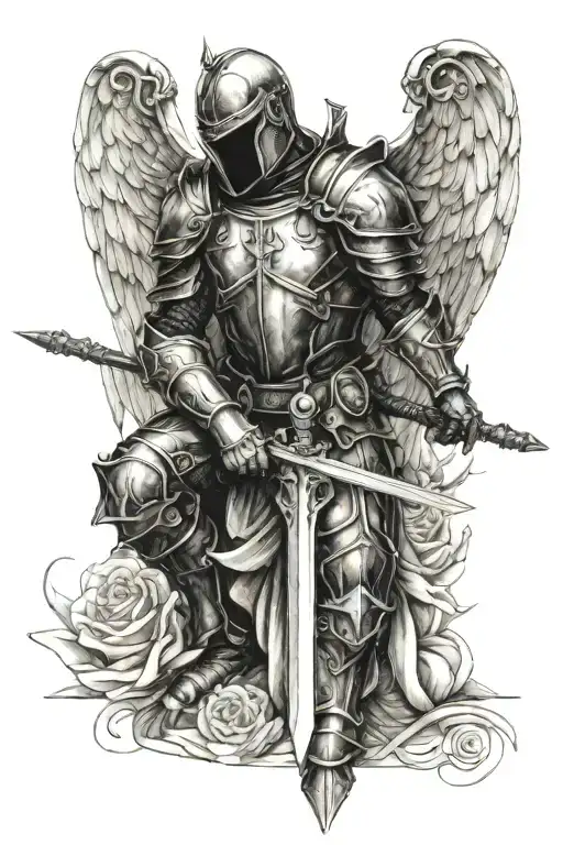 kneeling knight angel, rose tattoo design idea
