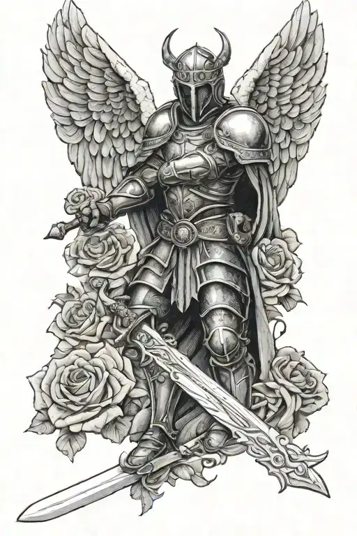 kneeling angel knight, great sword, rose tattoo design idea