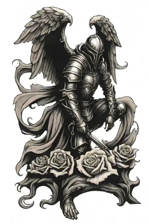kneeling angel knight, rose tattoo design idea