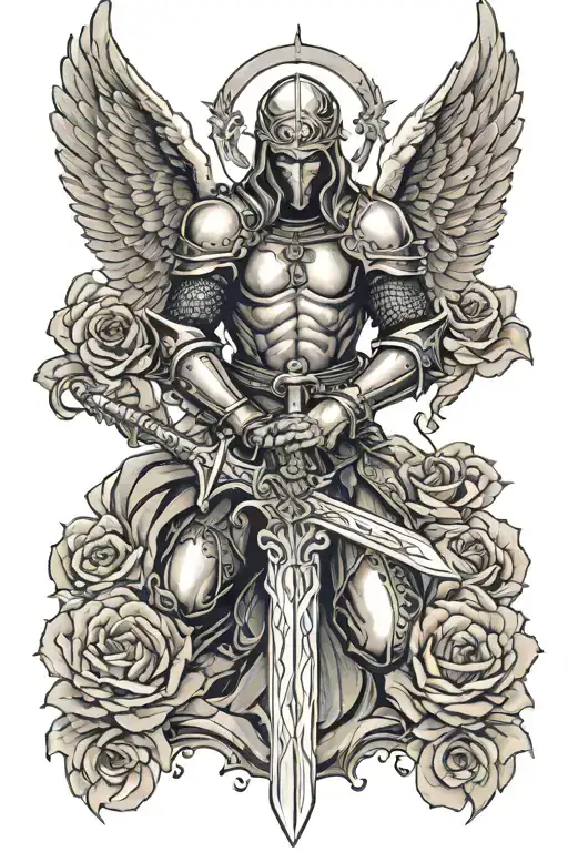 kneeling angel knight, great sword, rose tattoo design idea