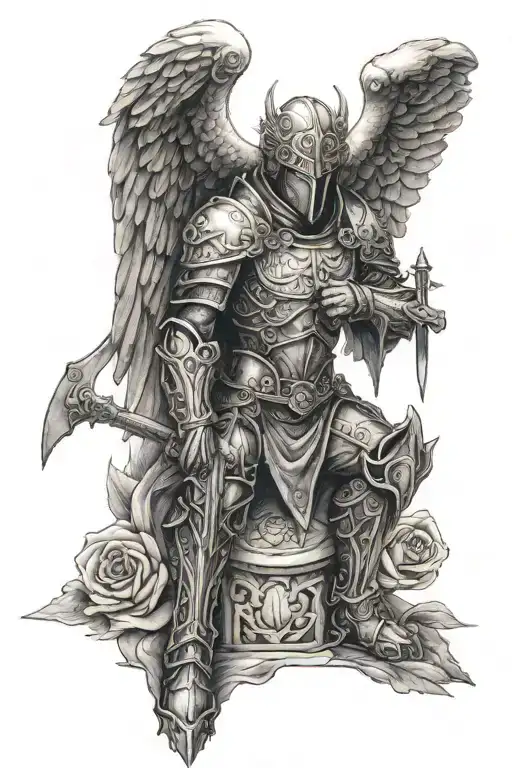 kneeling angel knight, rose tattoo design idea
