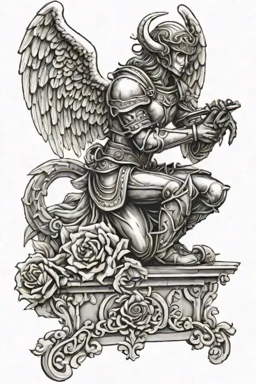 kneeling angel knight, rose tattoo design idea