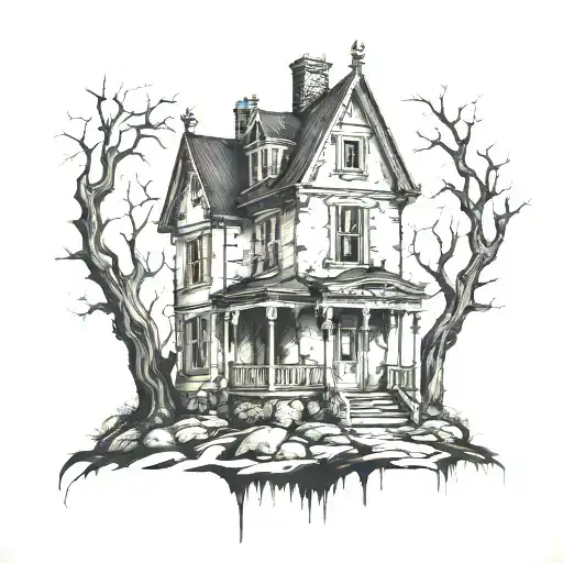 abandoned haunted house tattoo design idea