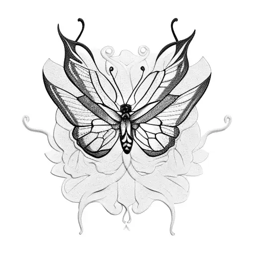 A unique blackwork tattoo of a butterfly morphing into a medical caduceus symbol tattoo design idea