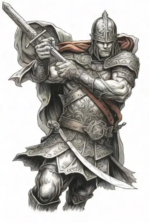 A fierce Russian warrior wielding a sword with a Christian cross on the hilt tattoo design idea