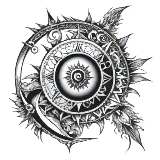 sun, moon, J, evil eye, compass tattoo design idea