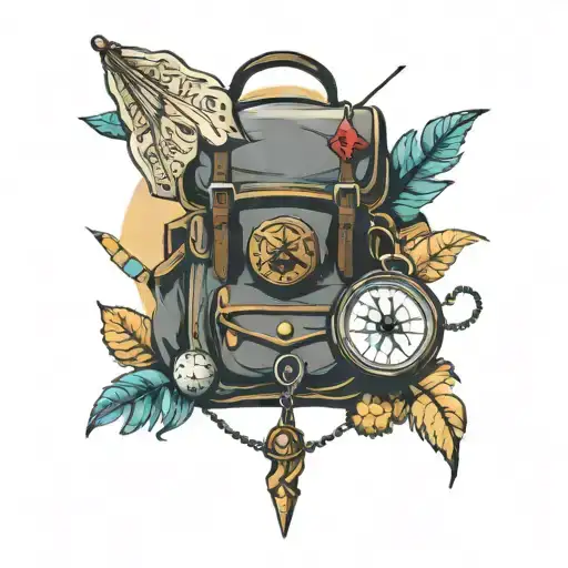 traveler's backpack with a compass and dice and a bedroll tattoo design idea