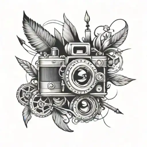 A bold and powerful tattoo design inspired by the client's role as a director of photography, incorporating camera lenses and film reels in a creative and artistic way tattoo design idea