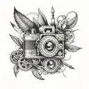 A bold and powerful tattoo design inspired by the client's role as a director of photography, incorporating camera lenses and film reels in a creative and artistic way tattoo design idea