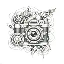 A bold and powerful tattoo design inspired by the client's role as a director of photography, incorporating camera lenses and film reels in a creative and artistic way tattoo design idea