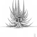 large pine tree with roots. right side of the tree to be dead with many spikes and branches left side bloosiming  tattoo design idea