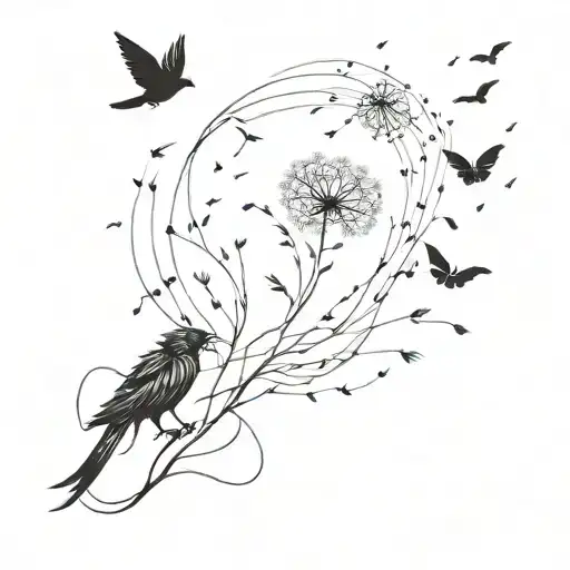 Dandelion crow chasing butterflies in storm tattoo design idea