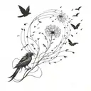 Dandelion crow chasing butterflies in storm tattoo design idea