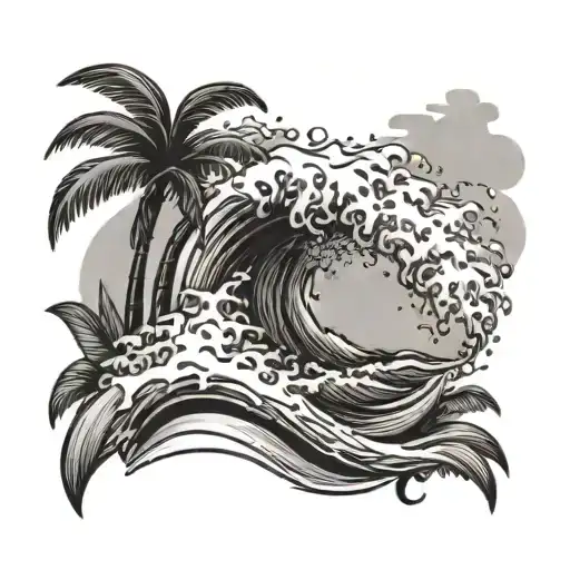 wave crashing into Palm tree  tattoo design idea