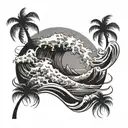 wave crashing into Palm tree  tattoo design idea