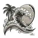 wave crashing into Palm tree  tattoo design idea