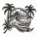wave crashing into Palm tree  tattoo design idea