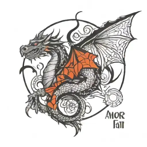 in black and white geometric style dragon and text Amor fati tattoo design idea