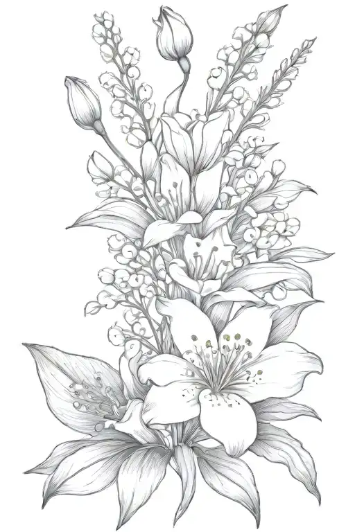 bouquet of lily of the valley, cosmos, asters and gladiolus tattoo design idea
