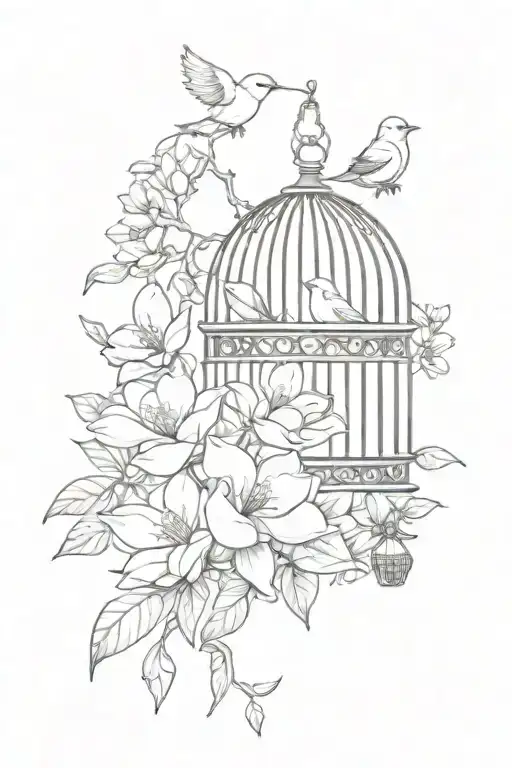 magnolia flowers around bird cage  tattoo design idea