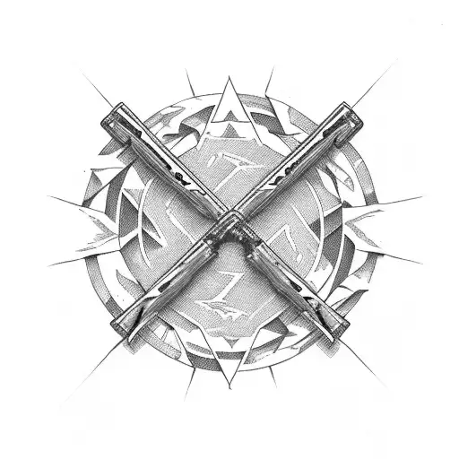 Cross made of gun barrels with Oregon landscape inside tattoo design idea