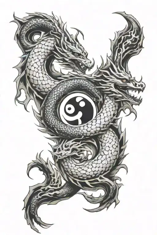 two dragons symbolizing yin yang with one at the top of ur back and bottom of ur back with a ying yang in the middle tattoo design idea
