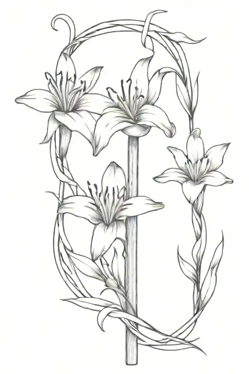 Three nails creating a cross with lillies wrapped around tattoo design idea