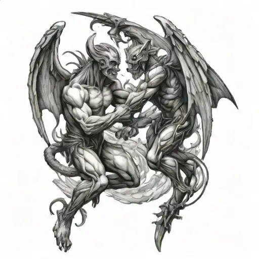 Demon vs Arc Angel fighting each other looking at each other tattoo design idea