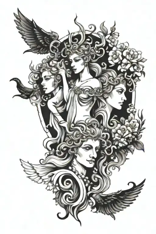 Poseidon, Artemis, Demeter, and Dionysus tattoo design. Black and white tattoo design idea